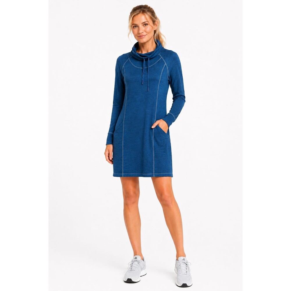 Kuhl Women's Lea Dress Size Medium Blue Cowl Neck Thumbholes Pockets Sporty